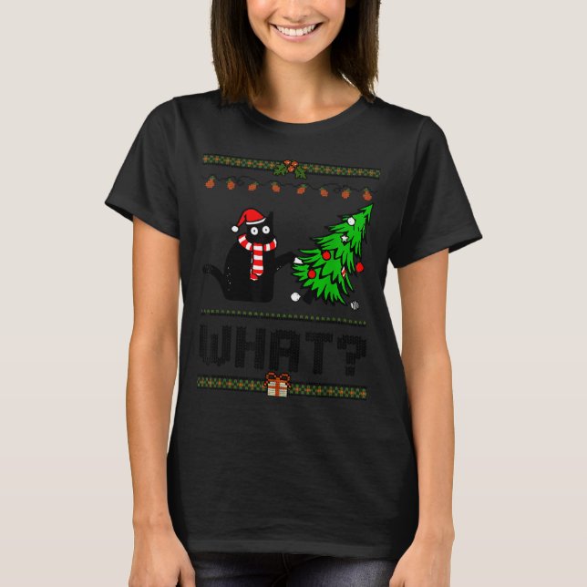 T-shirt Funny Xmas Black Cat Pushing Christmas Tree Over C (Devant)