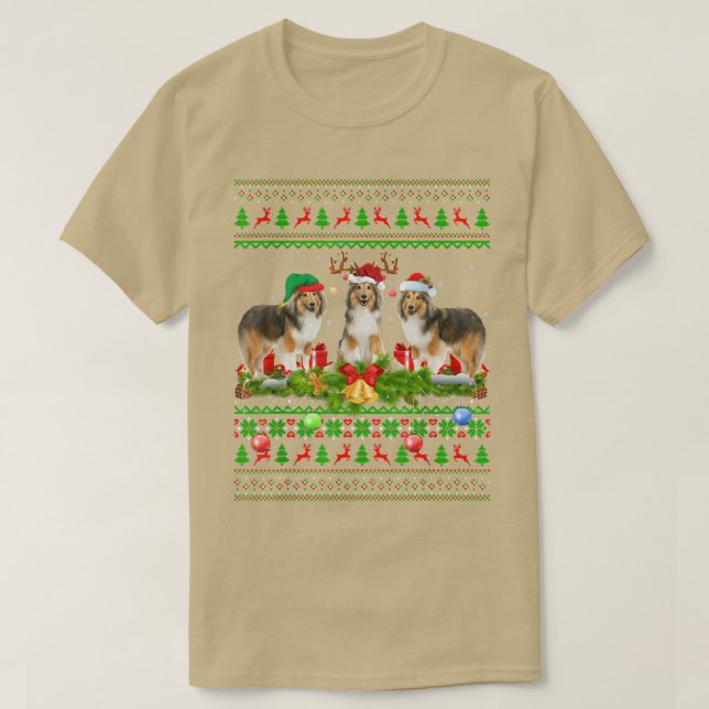 T-shirt Funny Xmas Lighting Santa Ugly Shetland Sheepdog C (Design devant)