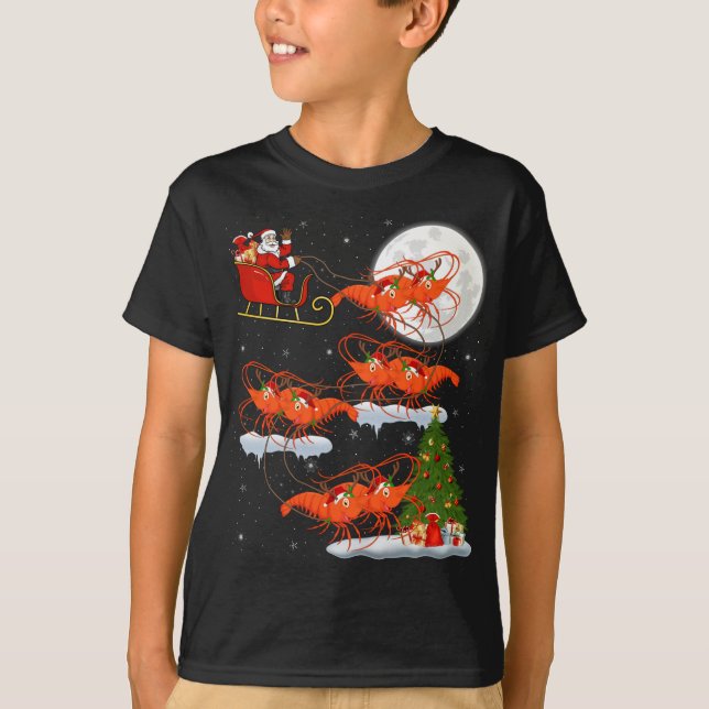 T-shirt Funny Xmas Lighting Tree Père Noël Riding crevette (Devant)