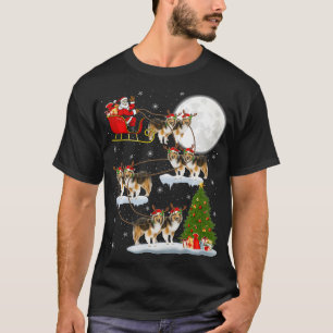 T-shirt Funny Xmas Lighting Tree Père Noël Riding Sheltie 