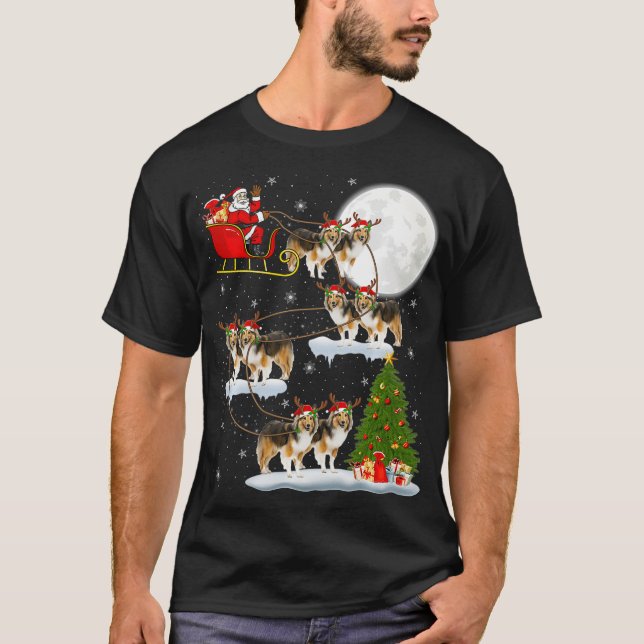 T-shirt Funny Xmas Lighting Tree Père Noël Riding Sheltie  (Devant)
