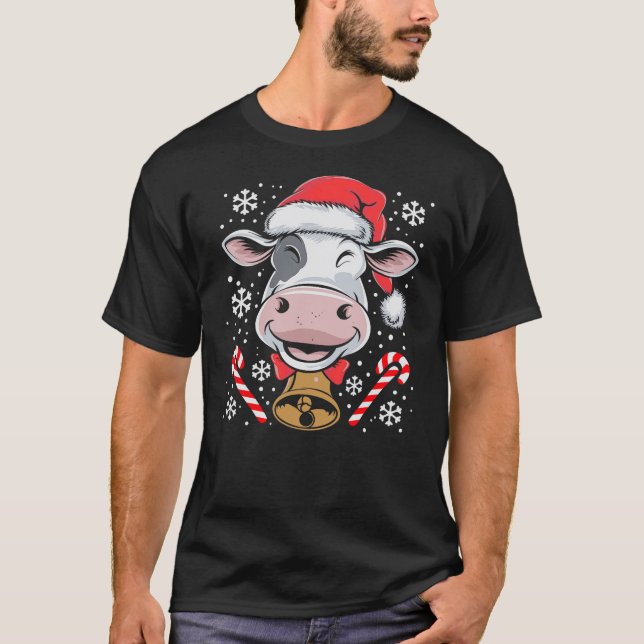 T-shirt Funny Xmas Santa Hat Cow Christmas Lights (Devant)