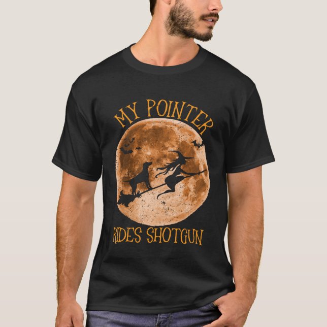T-shirt Funy English Pointer Dog Ride Shotgun Broom Moon H (Devant)