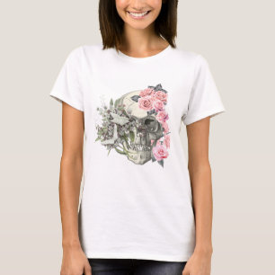 T-Shirt für Frauen mit Totenkopf und rosa Rosen 