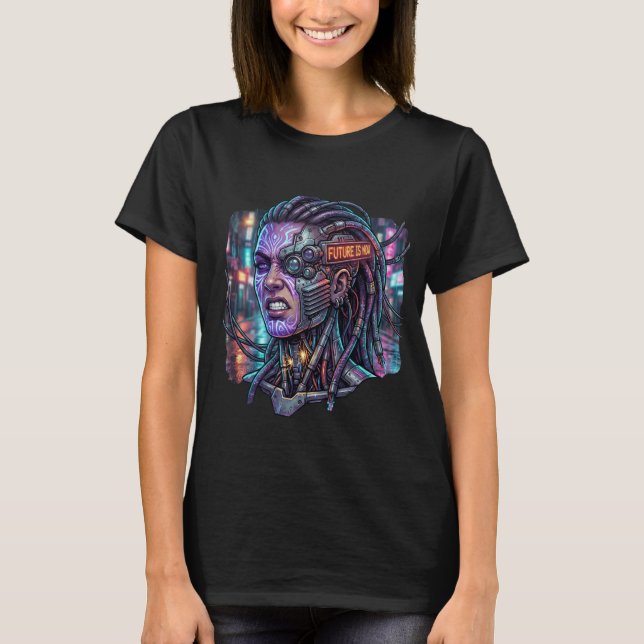 T-shirt Future Is Now – Cyberpunk Cyborg Dreadlocks Neon T (Devant)