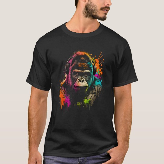 T-shirt Future Monkey Dj Retro Party Gorilla Dj Synthwave (Devant)