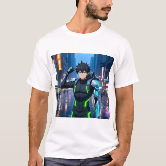 T-shirt Futuristic Anime Cyborg Boy in Neon City – Sci-Fi 