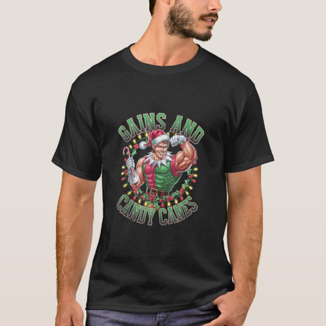 T-shirt Gains and Candy Canes Funny Christmas Elf Gym Work (Devant)