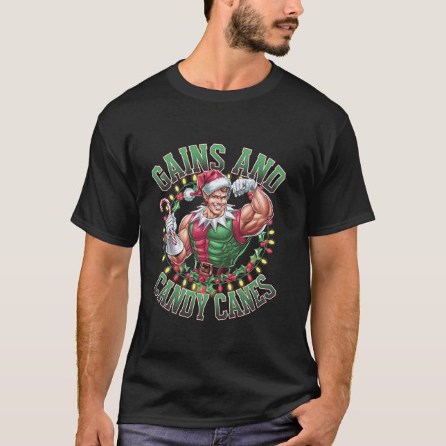 T-shirt Gains and Candy Canes Funny Christmas Elf Gym Work (Devant)