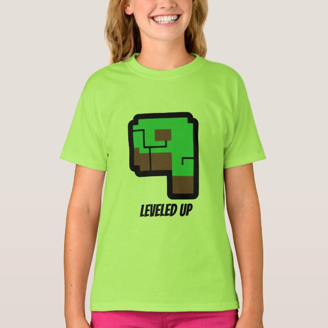 T-shirt Gamer Birthday Building Pixel Green Level 9  (Devant)