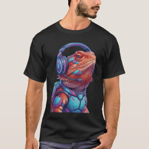 T-shirt Gamer Dragon Barbu Cyberpunk Lézard Néon