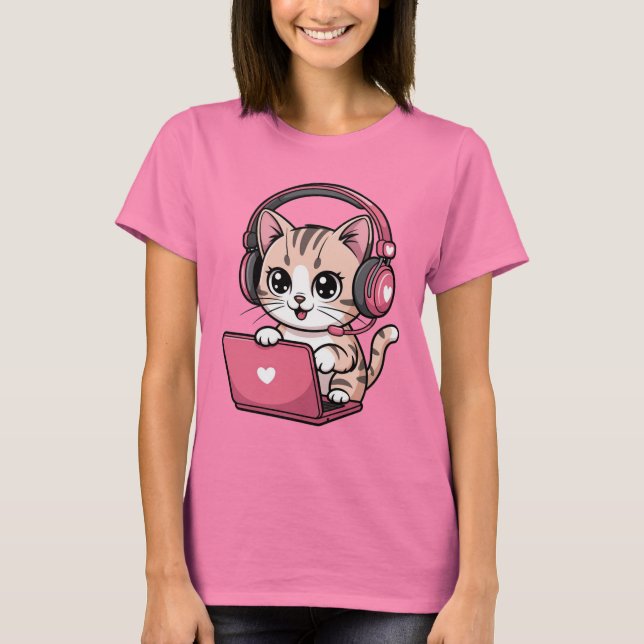 T-shirt Gamer Girl Cat Gaming Cute (Devant)