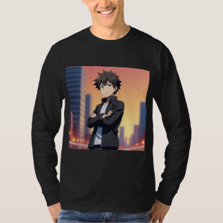 T-shirt Garçon Anime Confiant en Ville au Coucher du Solei
