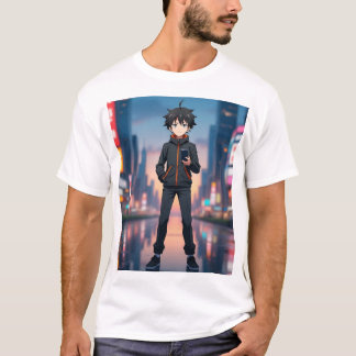 T-shirt Garçon Anime dans une ville néon la nuit – Personn