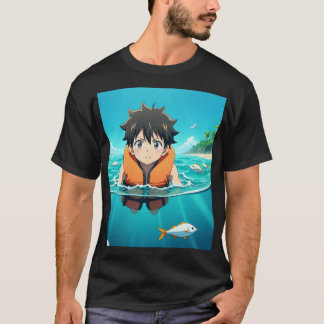 T-shirt Garçon Anime Nageant dans l'Océan avec des Poisson