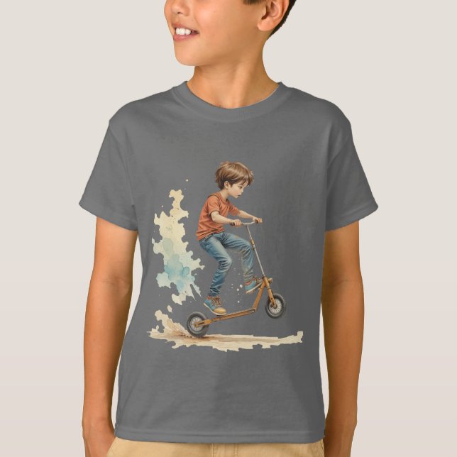 T-shirt Garçon sur un Kick Scooter Sport Fun Silhouette (Devant)