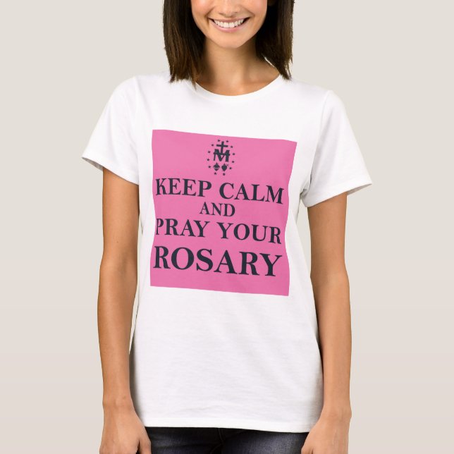 T-shirt Gardez le calme et priez votre noir de chapelet (Devant)