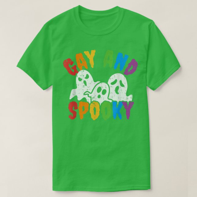 T-shirt Gay And Spooky Halloween Rainbow Boo Ghost LGBTQ G (Design devant)