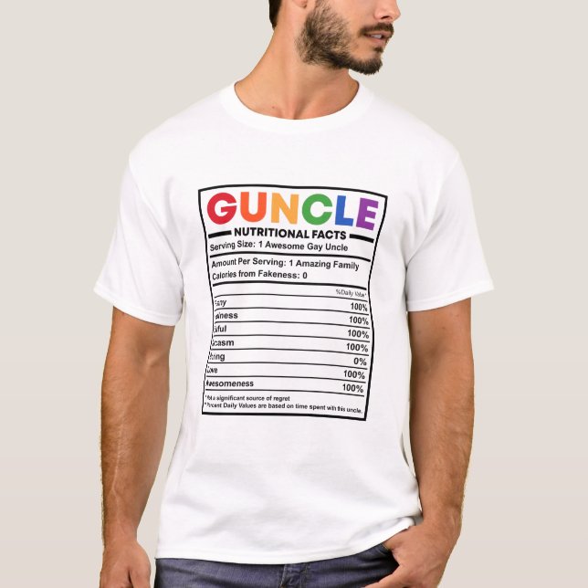 T-shirt Gay Unlce Pride Rainbow Guncle Nutrition Fiches  (Devant)