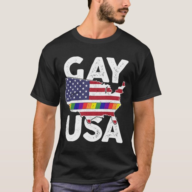 T-shirt Gay USA American LGBT Pride Rainbow Flag Marche Ra (Devant)