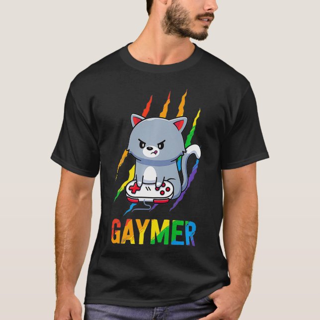 T-shirt Gaymer LGBT Cat Pride Rainbow Video Game Amateurs  (Devant)