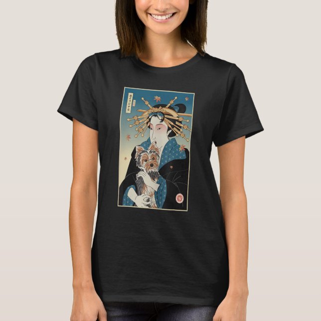 T-shirt Geisha Et Chien Yorkshire Ukiyo E Warrior Samurai  (Devant)