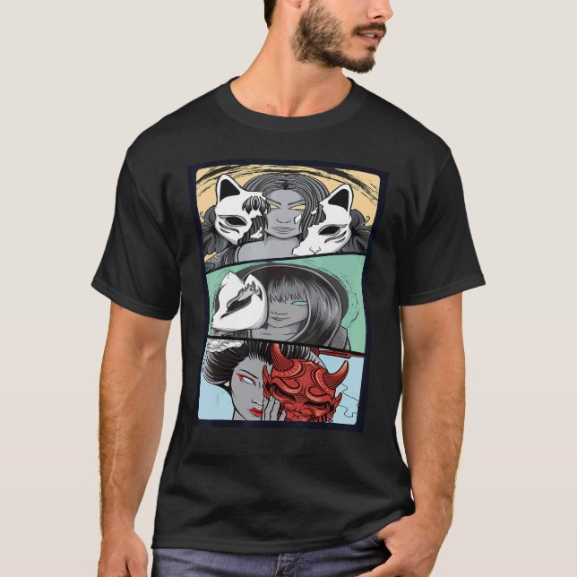 T-shirt Geisha Girl Kitsune Dimon Masque japonais Hallowee (Devant)
