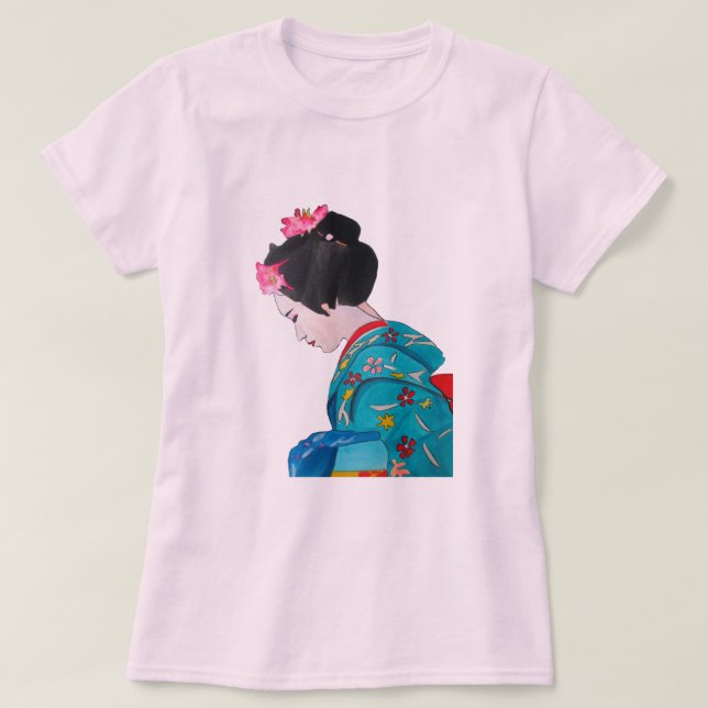 T-shirt Geisha japonais mignon avec fleurs de cerisier (Design devant)