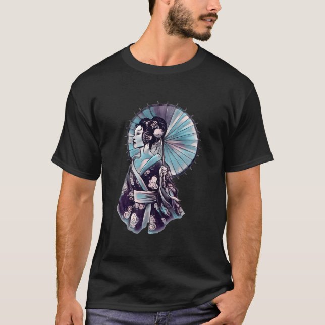 T-shirt Geisha Parasol Pretty Tattoo Samurai Hand-Drawn (Devant)