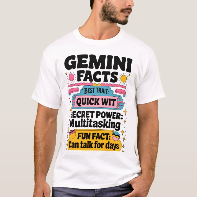 T-shirt Gemini Facts : Quick Wit, Multitâche et Endless (Devant)