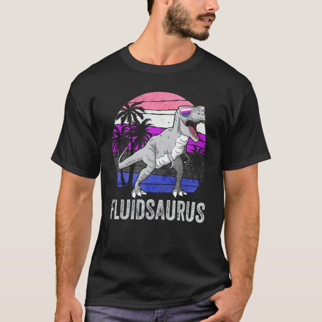 T-shirt Gender Fluid Pride Flag Dinosaur Trex LGBTQ Fluids (Devant)
