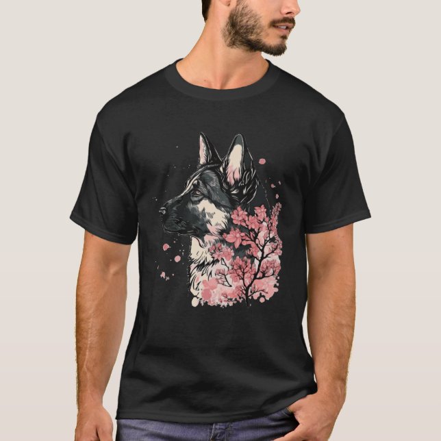 T-shirt German Shepherd Cherry Blossom Dog Breed Japanese  (Devant)