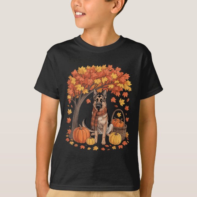 T-shirt German Shepherd Dog Fall Scarf Pumpkin Autumn Than (Devant)
