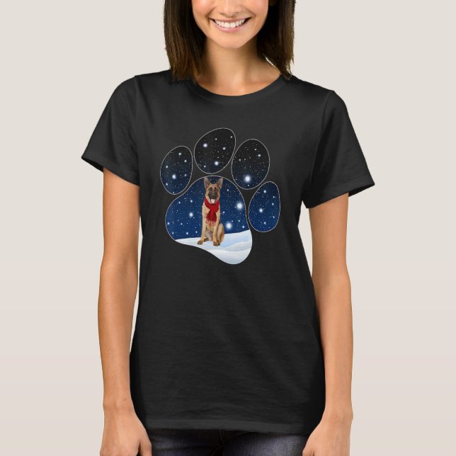 T-shirt German Shepherd Winter Snow Paw Dogs Christmas (Devant)