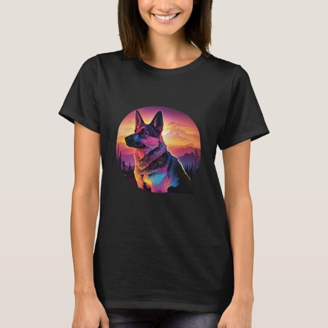 T-shirt German Shepherd with a Nostalgic 80s Retrowave Aes (Devant)