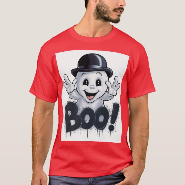 T-shirt Ghost adorable avec Casquette Bowler et "BOO!" Gra (Devant)