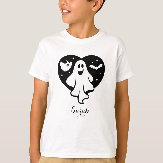 T-shirt Ghost Halloween mignon Avec Coeur Et Chat (Devant)