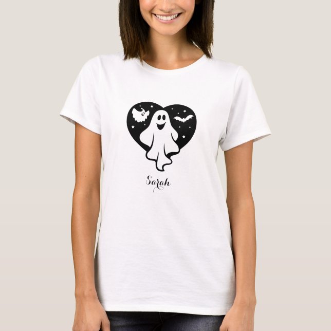 T-shirt Ghost Halloween mignon Avec Coeur Et Chat (Devant)