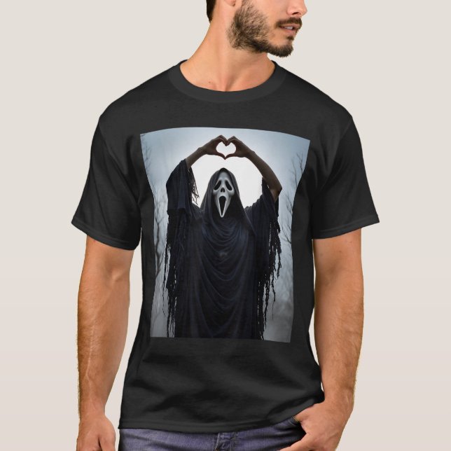 T-shirt Ghost Red Heart Hands Y Face Halloween Valentines  (Devant)