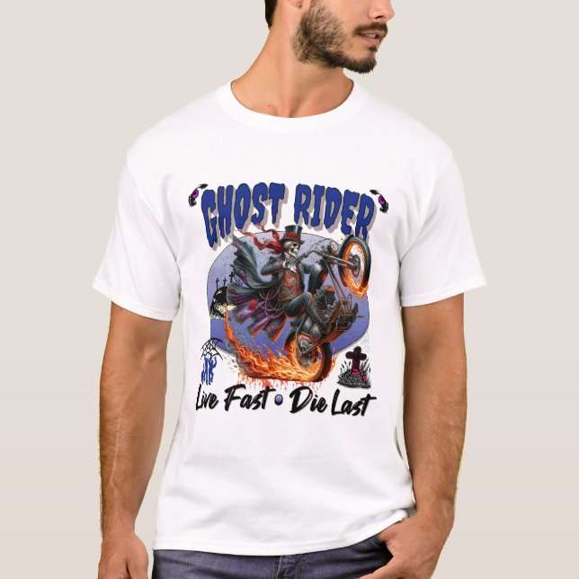 T-shirt Ghost Rider Skeleton Riding Flaming Motorcycle (Devant)