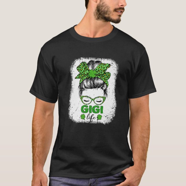 T-shirt Gigi Clover Messy Bun Leopard Funny St Patrick D (Devant)