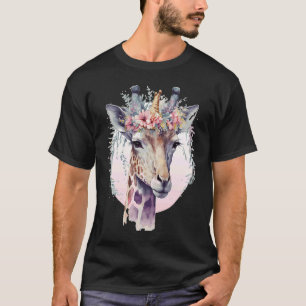 T-shirt Girafe à couronne de fleurs aquarelle mignonne ani