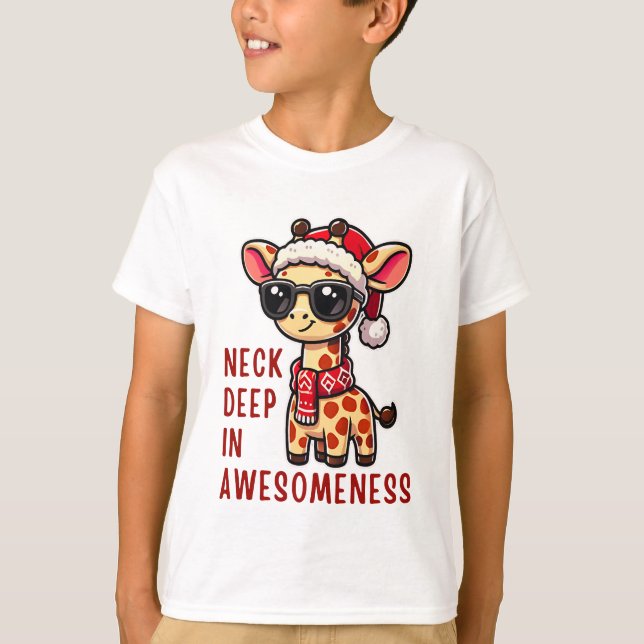 T-shirt Girafe de Noël avec lunettes de soleil, Père Noël  (Devant)
