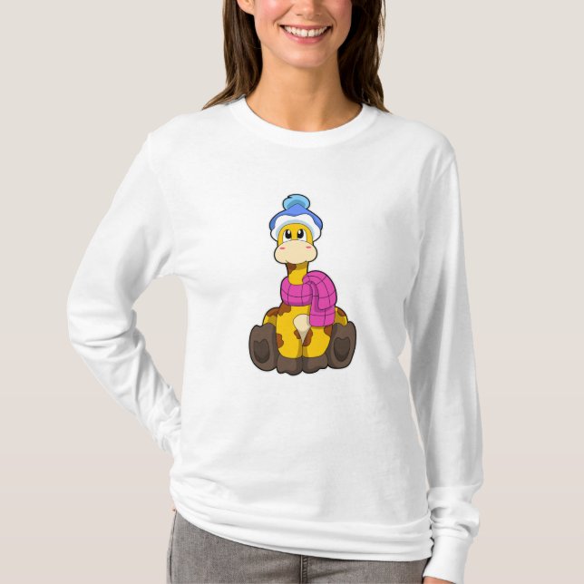 T-shirt Girafe en hiver avec Casquette et écorce (Devant)