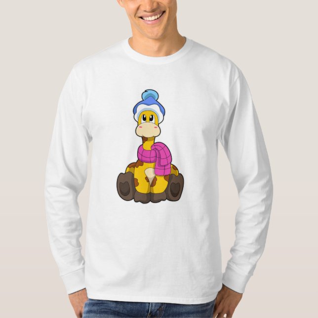 T-shirt Girafe en hiver avec Casquette et écorce (Devant)