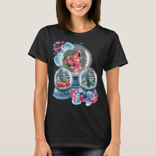 T-shirt Globe des neiges hiver Neige Rouge Cardinal Oiseau (Devant)