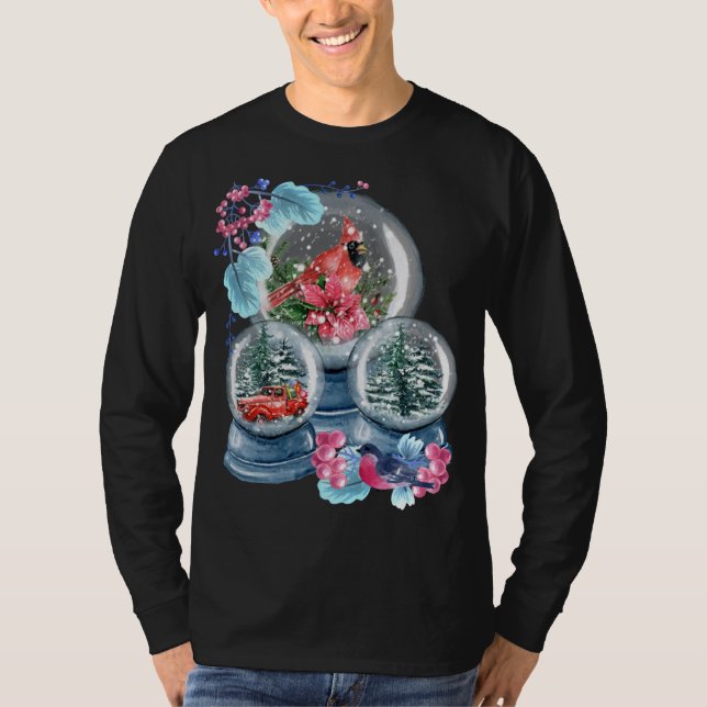 T-shirt Globe des neiges hiver Neige Rouge Cardinal Oiseau (Devant)