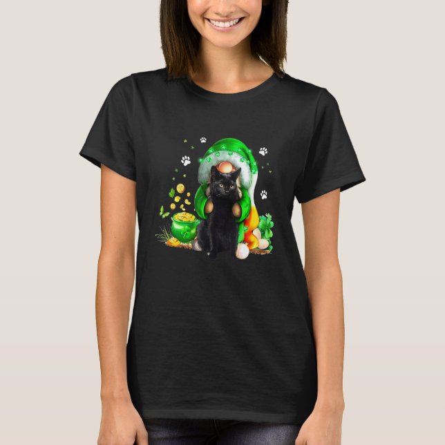T-shirt Gnome Black Cat Shamrock St Patricks Day Kitten Gi (Devant)