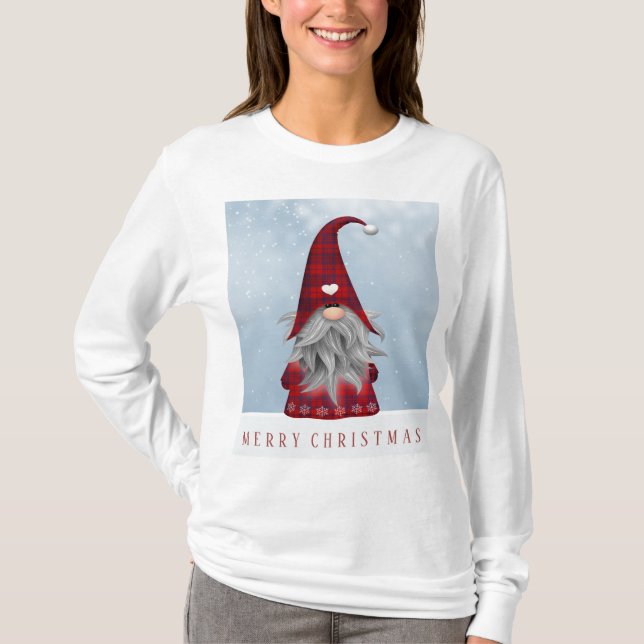 T-shirt Gnome de Noël de plaid de Buffalo rouge et noir (Devant)