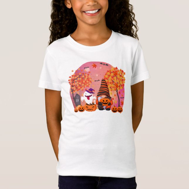T-Shirt Gnome d'Halloween mignonne et fille fantôme (Devant)